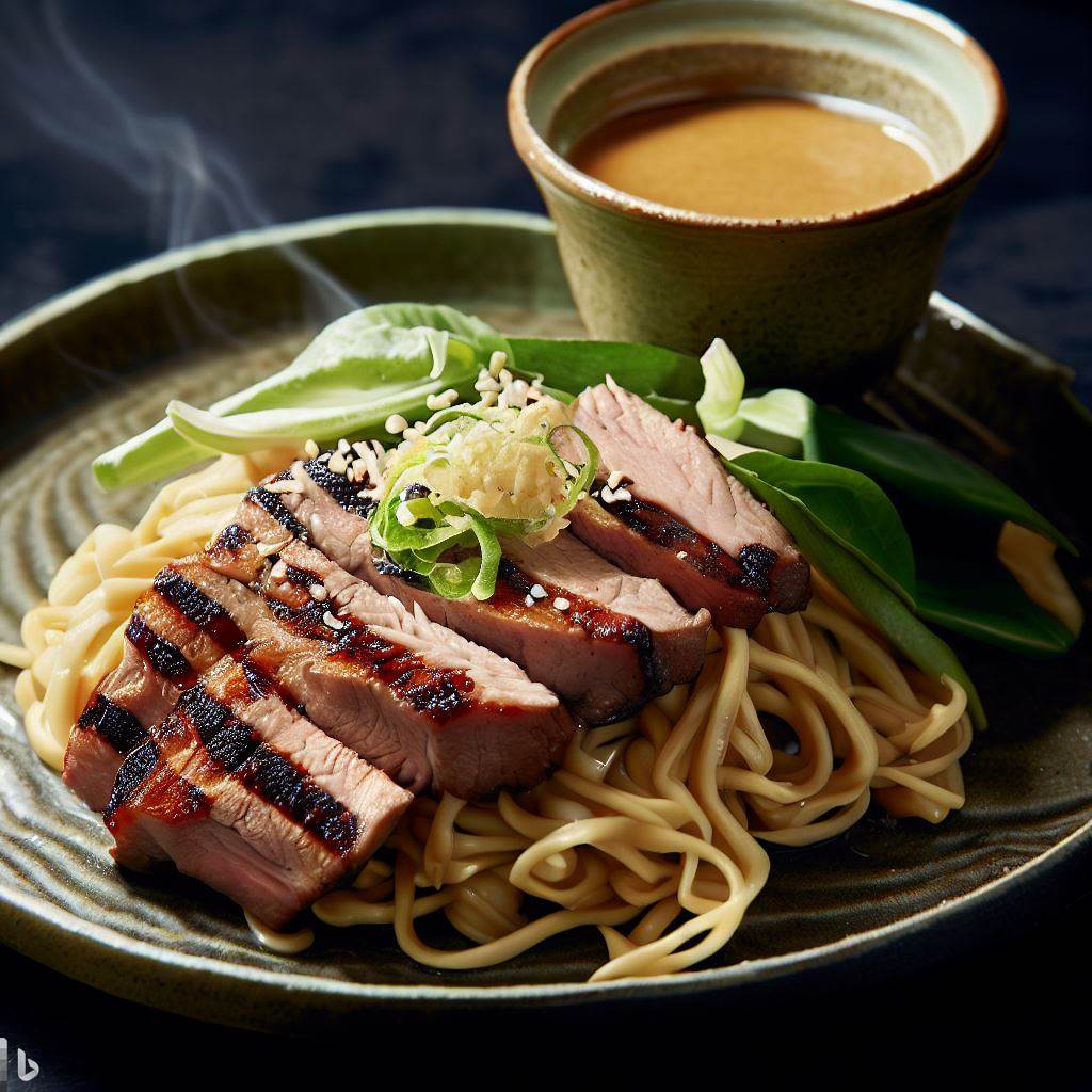 Ternera a la plancha con fideos de té verde y aliño de miso