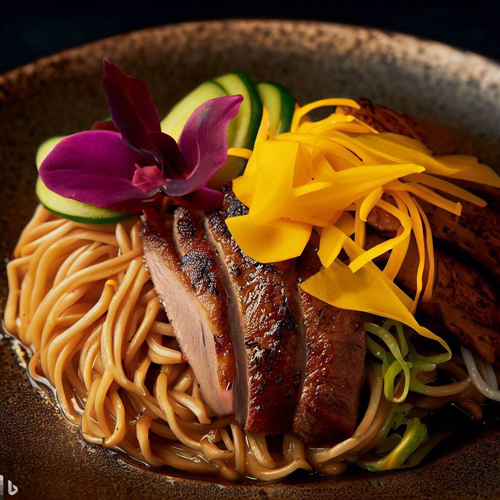 Magret de pato con fideos soba y mango