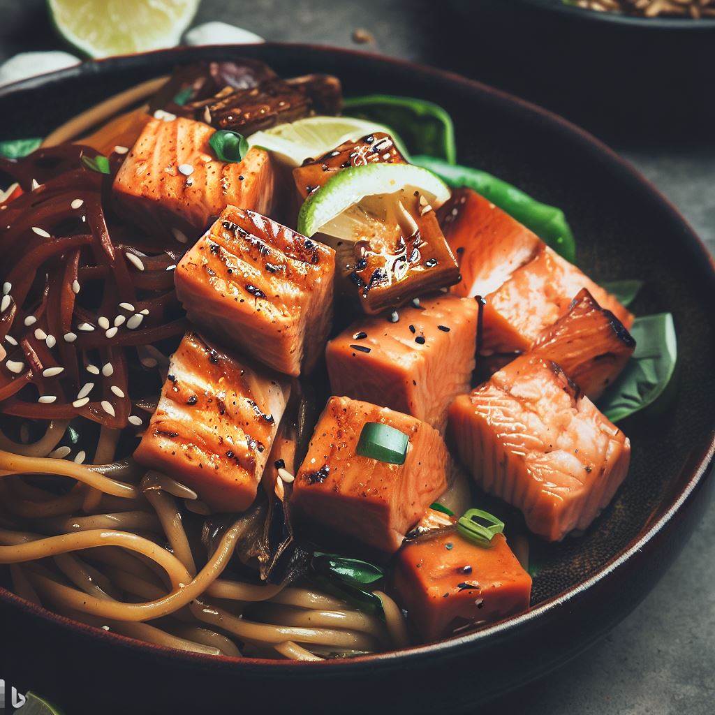 Salteado de salmón, jengibre y fideos soba