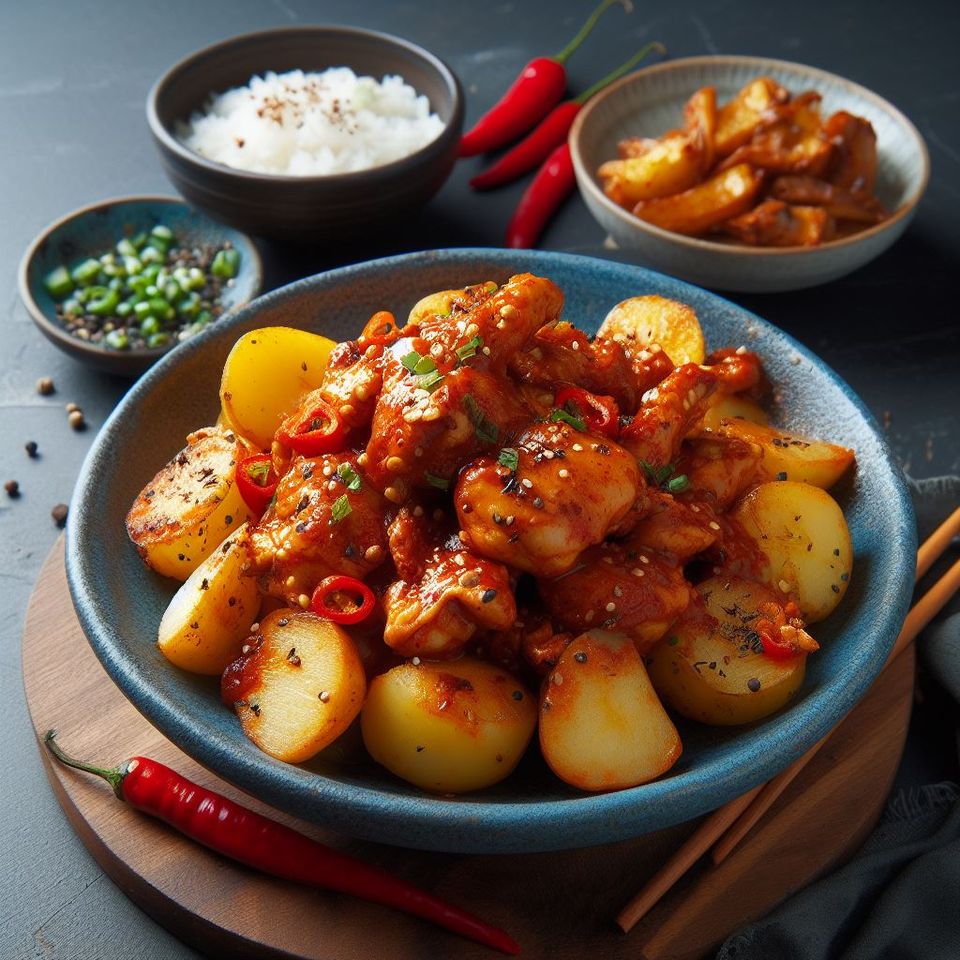 Pollo picante coreano con patatas (Tak Toritang)