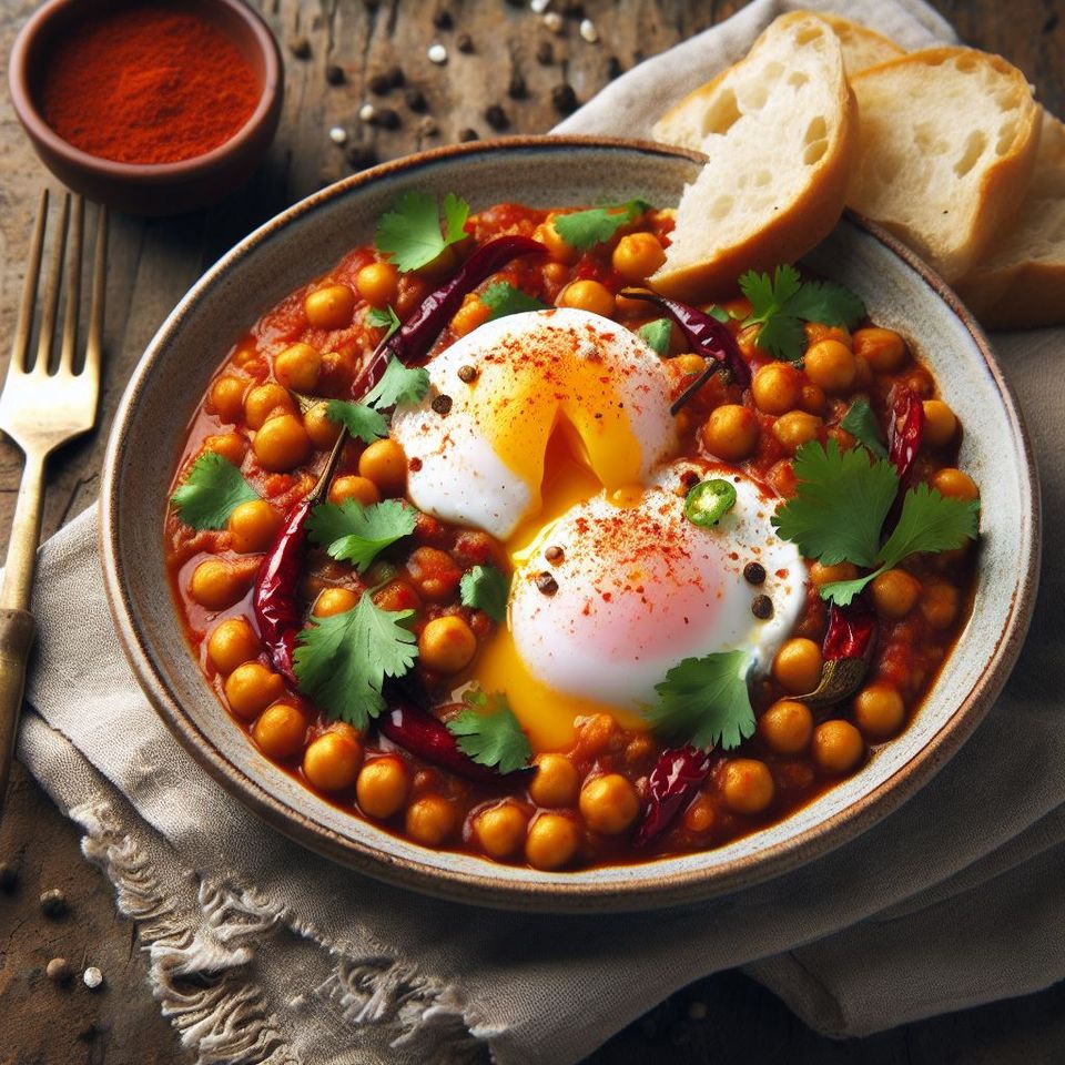 Garbanzos indios con huevos escalfados