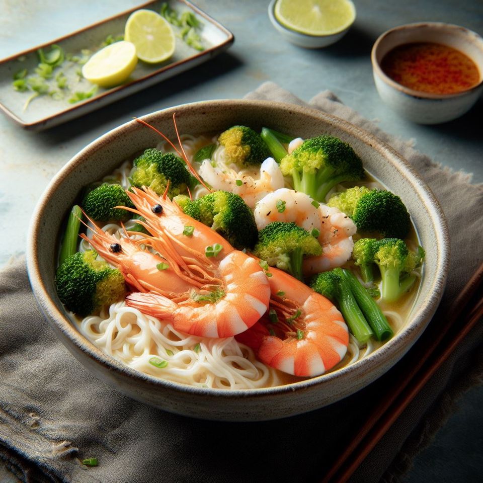 Sopa de fideos y gambas al estilo tailandés con brócoli