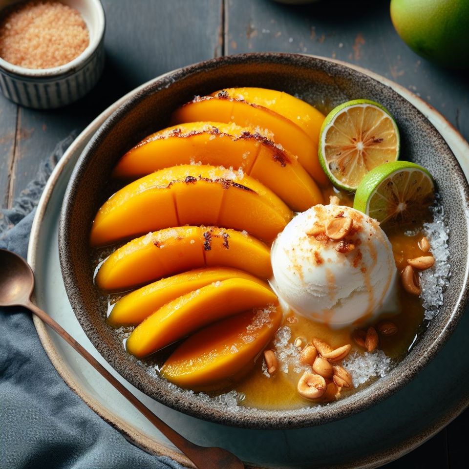 Mango al horno con azúcar de coco y lima kaffir con helado de coco