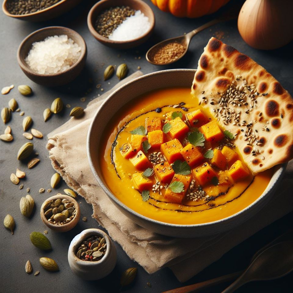 Sopa de calabaza asada al estilo indio con pan naan con semillas