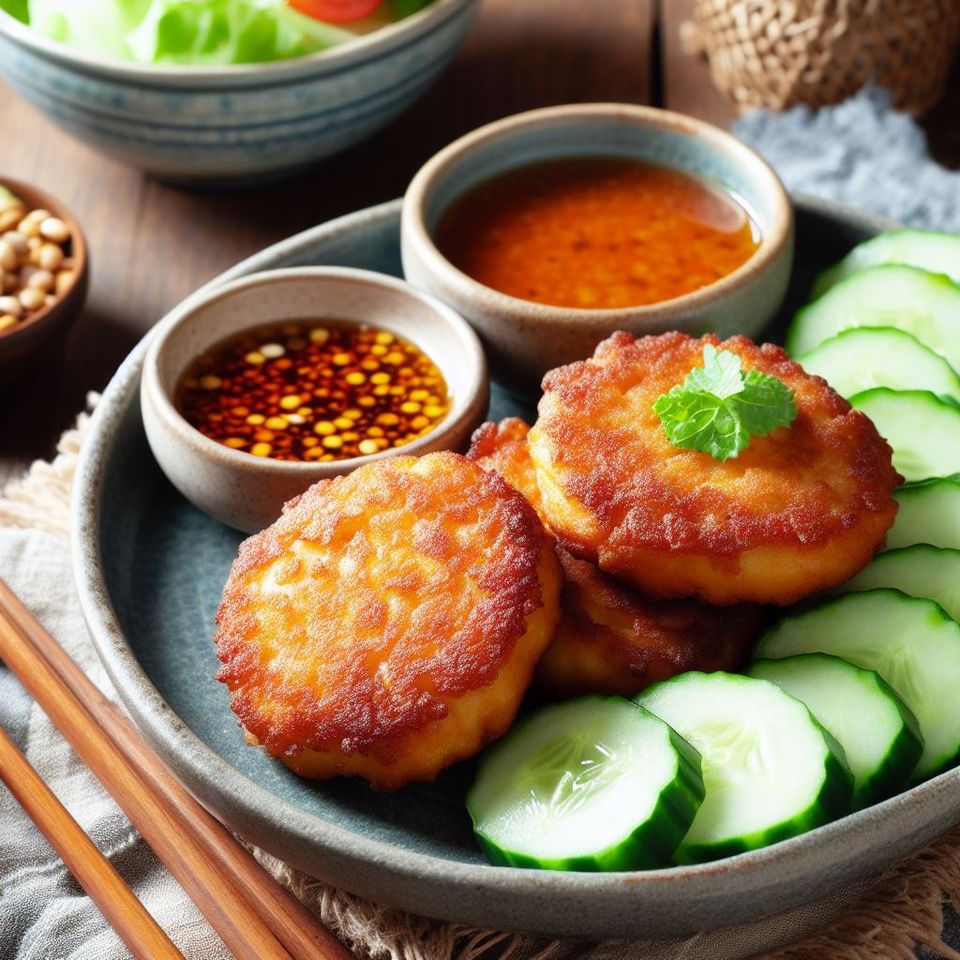 Pasteles de pescado tailandeses con ensalada de pepino y salsa para mojar