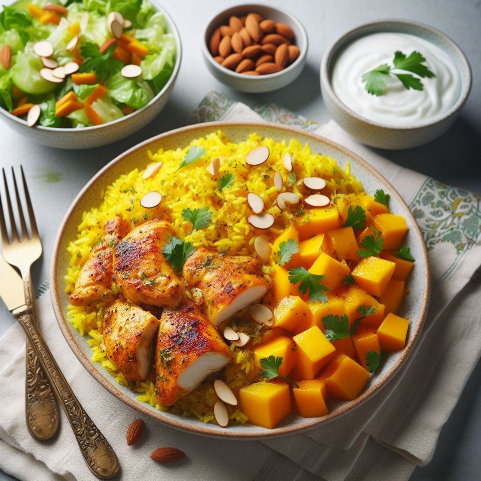 Pollo con mango y arroz especiado