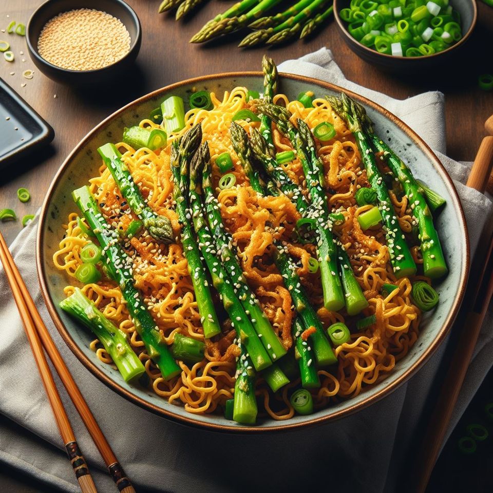 Espárragos con fideos crujientes, una receta oriental fácil y deliciosa