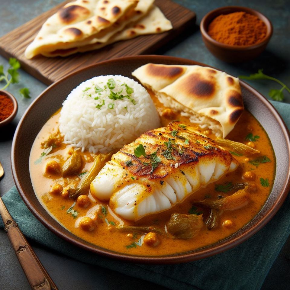 Bacalao al horno con salsa de curry y coco